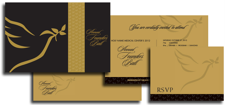 A decadent invitation package, incorporating gold stock, a black suede custom folder, gold foil and a gold translucent belly band. This invitation established the branding for the foundation's yearly gala. 