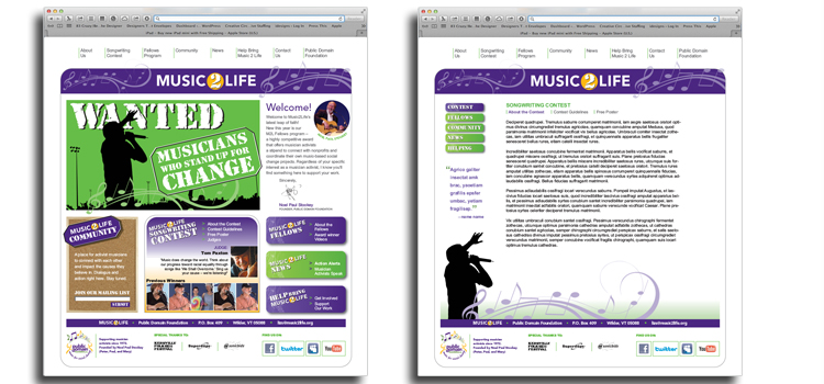 Website developed to promote and attract contestants to the annual Music 2 Life competition. 