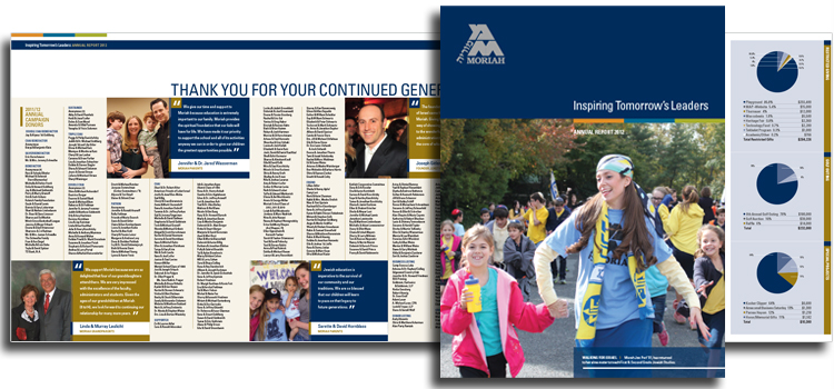 8-panel annual report containing an overview of the school, donor recognition, financials, and testimonials from students, alumni, and donors. 